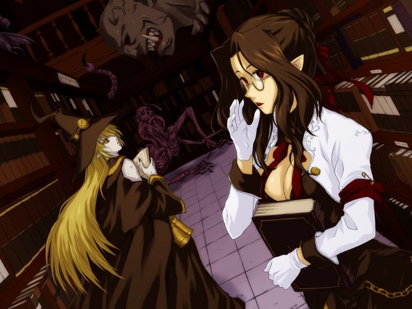 Anime picture 1280x960 with original iga tomoteru long hair blonde hair red eyes brown hair multiple girls yellow eyes pointy ears demon girl gloves 2 girls hat glasses book (books) witch hat shelf monster bookshelf