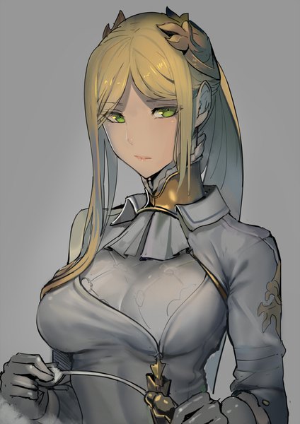 Anime picture 818x1157 with nier nier:automata yorha infantry squad commander walzrj single long hair tall image looking at viewer breasts blonde hair simple background large breasts holding green eyes upper body grey background girl uniform hair ornament neckerchief