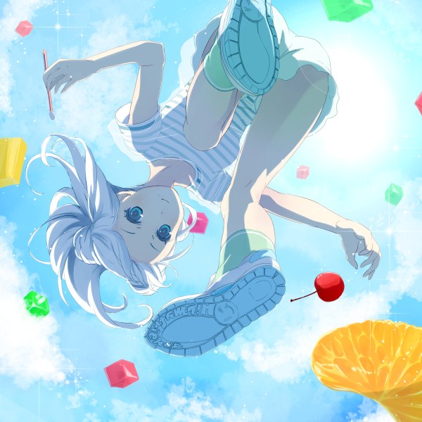 Anime picture 1200x1200 with original ahira yuzu single long hair looking at viewer blue eyes white hair girl food shoes shorts t-shirt berry (berries) cherry