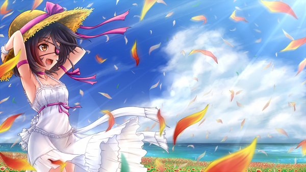 Anime picture 1600x900 with idolmaster idolmaster cinderella girls hayasaka mirei eltnage single short hair open mouth black hair wide image standing brown eyes looking away sky cloud (clouds) outdoors :d wind sunlight lens flare happy