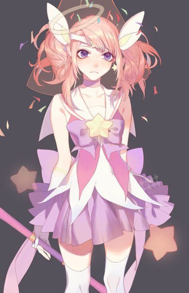 Anime picture 2031x3150 with league of legends lux (league of legends) star guardian lux dj.adonis single long hair tall image fringe highres breasts standing purple eyes twintails holding looking away pink hair zettai ryouiki girl gloves hair ornament