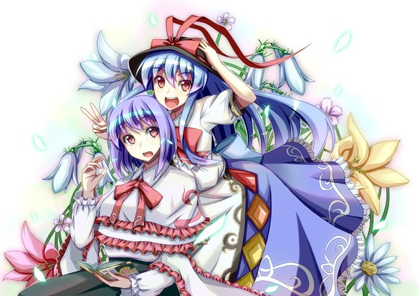 Anime picture 1273x900 with touhou hinanawi tenshi nagae iku akiyasu (artist) long hair short hair open mouth simple background red eyes white background multiple girls brown eyes blue hair purple hair girl dress flower (flowers) 2 girls