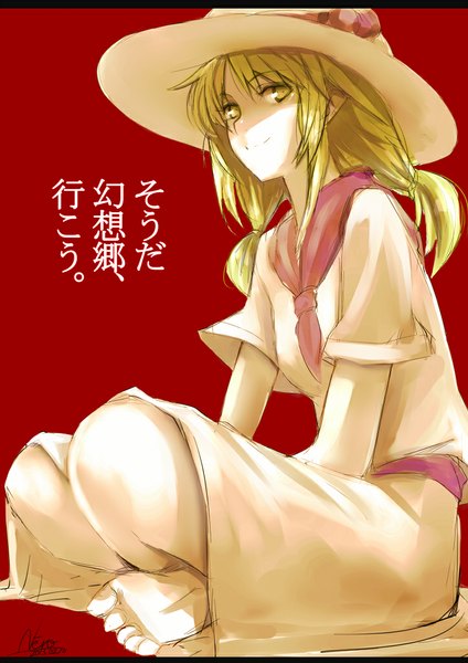 Anime picture 723x1024 with touhou luize kuroneko nero single tall image looking at viewer short hair blonde hair simple background smile sitting signed yellow eyes barefoot red background girl hat toes