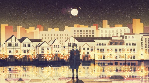 Anime picture 1000x563 with original craft-cs single looking at viewer short hair black hair wide image standing pleated skirt night open clothes open jacket night sky city reflection cityscape city lights girl skirt uniform