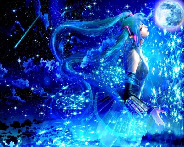 Anime picture 1280x1024 with vocaloid hatsune miku takashi mare long hair twintails bare shoulders very long hair aqua hair night sky shooting star girl thighhighs black thighhighs detached sleeves headphones star (stars) full moon planet earth galaxy