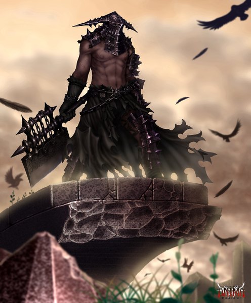 Anime picture 1080x1305 with anima wen-m single tall image standing cloud (clouds) horn (horns) dark skin scar topless muscle boy gloves weapon plant (plants) animal belt bird (birds) chain feather (feathers)