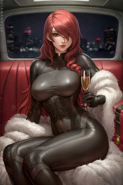 Anime picture 860x1290 with persona 3 persona kirijou mitsuru sciamano240 single long hair tall image looking at viewer fringe breasts light erotic red eyes large breasts sitting holding signed bent knee (knees) red hair lips blurry
