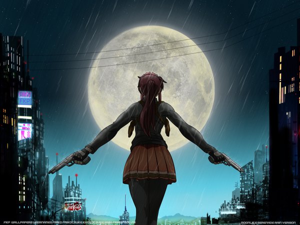 Anime picture 1600x1200 with black lagoon madhouse revy (black lagoon) hiroe rei single long hair ponytail red hair wallpaper back city rain cityscape product placement girl skirt weapon fingerless gloves moon pistol