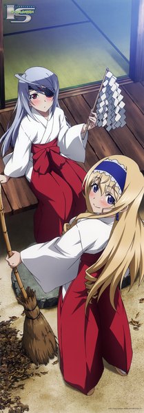 Anime picture 1689x4844 with infinite stratos megami magazine 8bit laura bodewig cecilia orcott long hair tall image looking at viewer blush highres blue eyes blonde hair smile red eyes sitting multiple girls absurdres silver hair japanese clothes official art