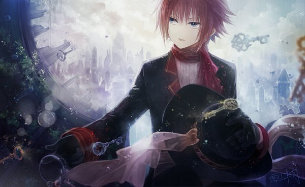 Anime picture 1008x619 with original angel31424 single open mouth blue eyes wide image looking away red hair boy gloves plant (plants) hat building (buildings) key