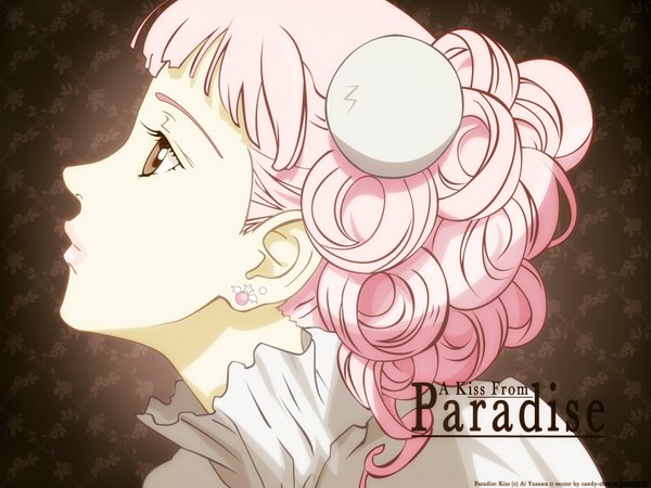 Anime picture 1600x1200 with paradise kiss madhouse miwako sakurada brown eyes pink hair profile inscription lipstick drill hair brown background curly hair girl earrings