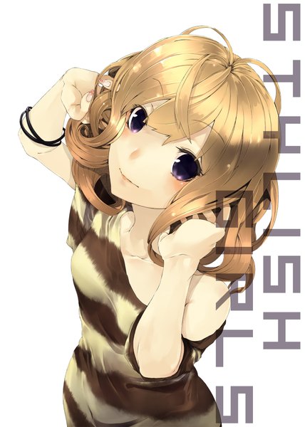 Anime picture 1500x2100 with original muso-comet (artist) single tall image looking at viewer blush short hair simple background blonde hair white background purple eyes bare shoulders nail polish from above inscription adjusting hair girl bracelet