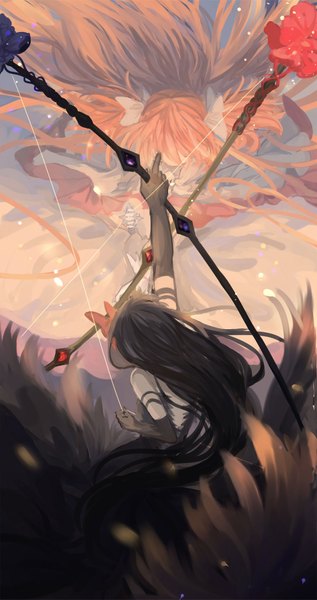 Anime picture 992x1874 with mahou shoujo madoka magica shaft (studio) akemi homura kaname madoka goddess madoka akuma homura wttwj long hair tall image fringe black hair bare shoulders multiple girls pink hair sky very long hair arms up two side up mountain flying