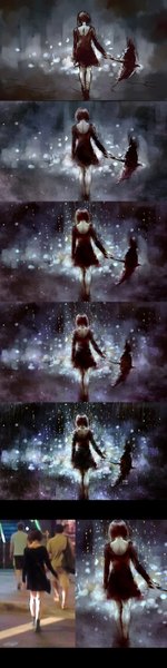 Anime picture 800x3189 with original nanfe tall image short hair black hair realistic back dark background letterboxed rain bare back injury girl dress black dress blood umbrella people