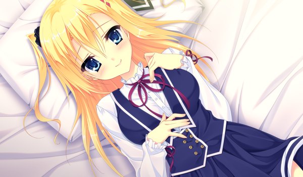 Anime picture 1024x600 with da capo iii morizono rikka tanihara natsuki single long hair blush blue eyes blonde hair smile wide image game cg lying girl dress