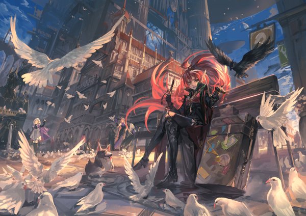 Anime picture 2462x1740 with original pixiv fantasia pixiv fantasia fallen kings alcd looking at viewer highres red eyes sitting holding sky ponytail very long hair arm up pointy ears crossed legs city cityscape scenic sheathed architecture