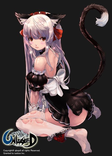Anime picture 3060x4238 with unleashed qbspdl single long hair tall image highres light erotic red eyes animal ears absurdres silver hair tail animal tail cat ears cat girl cat tail dark background girl thighhighs dress
