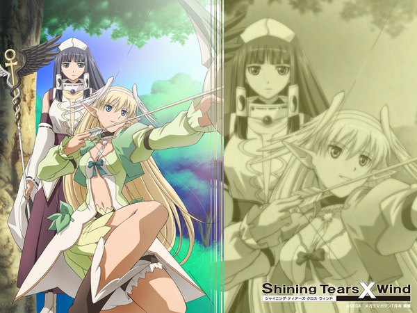 Anime picture 1600x1200 with shining (series) shining tears long hair blue eyes blonde hair smile multiple girls brown eyes pointy ears elf head wings zoom layer girl dress navel weapon 2 girls plant (plants) wings tree (trees)