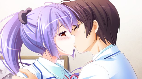 Anime picture 1024x576 with harumade kururu long hair blush short hair black hair red eyes wide image game cg purple hair ponytail couple kiss girl boy