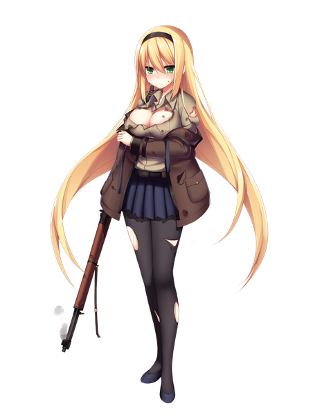 Anime picture 1191x1536 with girls frontline m1 garand (girls frontline) aixioo single long hair tall image looking at viewer blush fringe breasts light erotic blonde hair hair between eyes green eyes full body open jacket official art torn clothes transparent background torn pantyhose