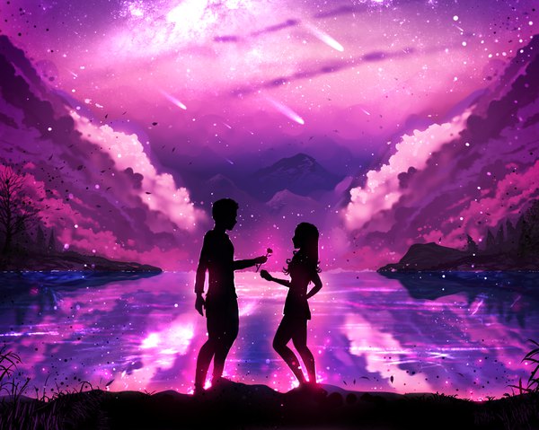 Anime picture 1418x1134 with original ryky long hair short hair standing holding sky full body profile night night sky couple hand on hip reflection mountain silhouette bare tree fog shooting star lake