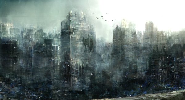 Anime picture 1200x654 with original seafh (artist) wide image city dark background cityscape flying no people broken post-apocalyptic animal bird (birds) building (buildings) grunge