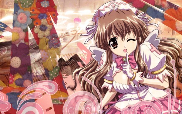 Anime picture 1280x800 with nogizaka haruka no himitsu nogizaka haruka single long hair looking at viewer open mouth brown hair wide image brown eyes one eye closed wink finger to mouth nurse cute girl dress wings bonnet