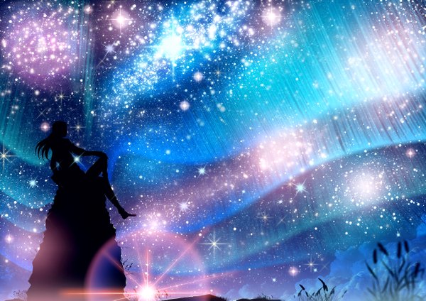 Anime picture 2480x1753 with original skyt2 single long hair highres sitting cloud (clouds) profile night night sky silhouette rock aurora borealis girl plant (plants) star (stars) grass