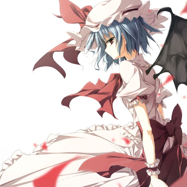 Anime picture 3000x3000 with touhou remilia scarlet mac-kine single highres short hair simple background red eyes white background blue hair girl dress bow wings bonnet