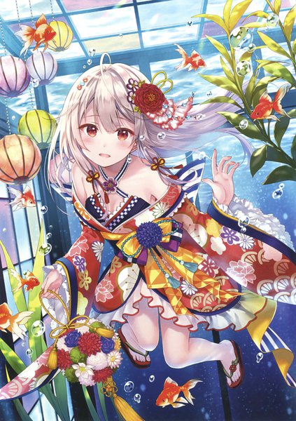 Anime picture 2117x3000 with original eshi 100-nin ten fukahire (ruinon) single long hair tall image looking at viewer fringe highres open mouth hair between eyes red eyes holding silver hair ahoge traditional clothes japanese clothes scan wide sleeves pale skin