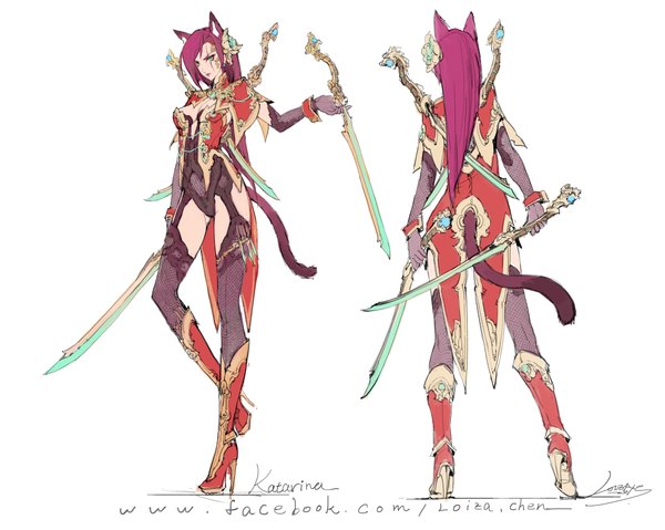 Anime picture 2000x1597 with league of legends katarina (league of legends) loiza single looking at viewer highres light erotic simple background white background green eyes animal ears pink hair tail animal tail from behind cat ears cat girl cat tail scar girl