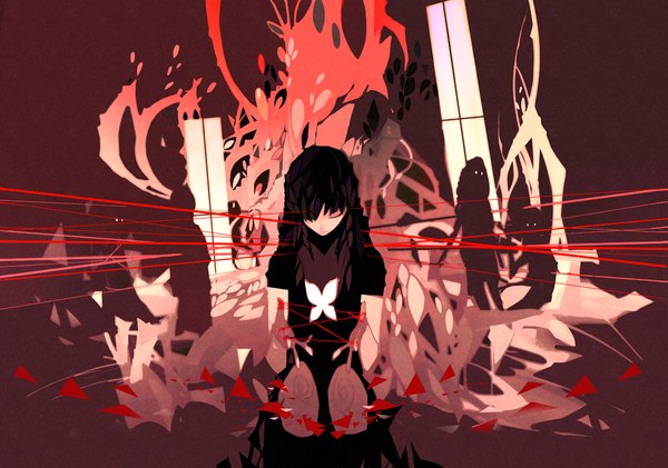 Anime picture 1139x800 with original nanomortis (artist) long hair fringe black hair sitting eyes closed short sleeves dark background red background outstretched hand serious ghost white eyes abstract game girl dress socks window