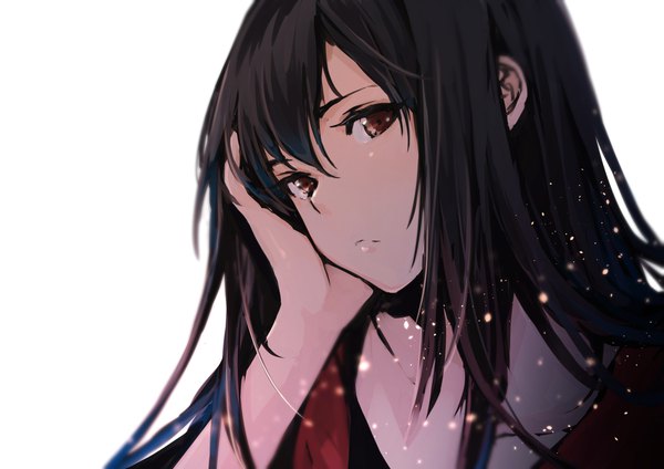 Anime picture 1697x1200 with original noraico single long hair looking at viewer fringe black hair simple background hair between eyes white background brown eyes upper body blurry arm support eyebrows expressionless hand on face chin rest girl