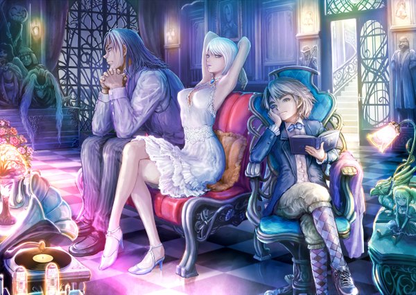 Anime picture 1280x909 with karakuri circus shirogane (karakuri circus) arlequino columbine katou narumi pantalon saiga masaru haitaka short hair blue eyes black hair sitting yellow eyes white hair multiple boys checkered floor floor girl dress boy