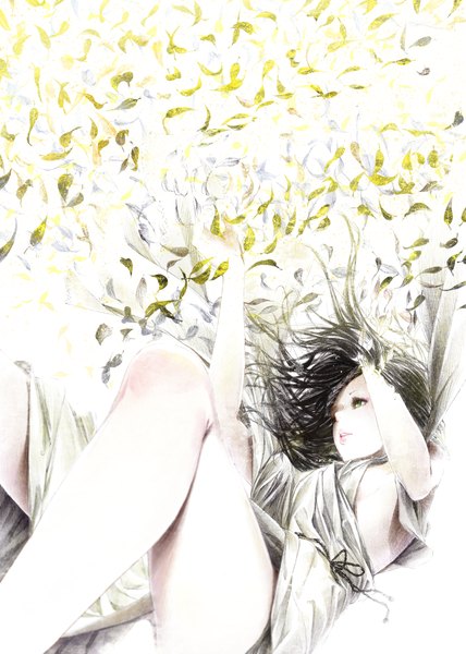 Anime picture 1000x1402 with original sousou (sousouworks) single long hair tall image open mouth black hair long sleeves lips bare legs monochrome silver eyes traditional media spot color girl dress leaf (leaves)