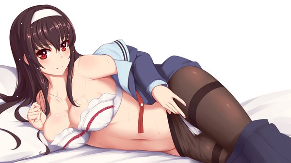 Anime picture 1824x1026 with saenai heroine no sodatekata a-1 pictures kasumigaoka utaha fedsnk single long hair looking at viewer blush fringe highres breasts light erotic black hair simple background hair between eyes red eyes wide image large breasts white background reclining