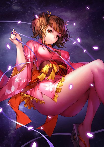 Anime picture 636x900 with koutetsujou no kabaneri wit studio mumei (kabaneri) hui jie single tall image looking at viewer short hair light erotic red eyes brown hair twintails traditional clothes japanese clothes thighs short twintails girl ribbon (ribbons) petals kimono