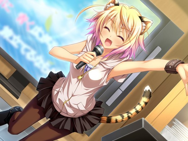 Anime picture 1600x1200 with otomimi infinity (game) byoubu tetora short hair open mouth blonde hair animal ears game cg eyes closed animal tail karaoke girl microphone