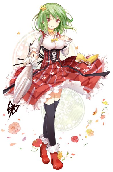 Anime picture 789x1200 with touhou kazami yuuka efe single long hair tall image looking at viewer smile red eyes hair flower green hair hand on chest plaid closed umbrella girl thighhighs dress hair ornament flower (flowers) bow
