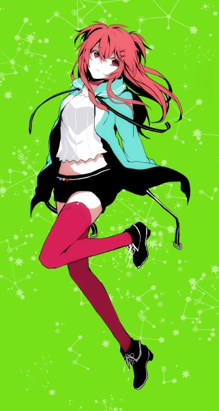 Anime picture 642x1200 with vocaloid nanase kanon arisaka ako single long hair tall image fringe simple background hair between eyes red eyes payot looking away full body bent knee (knees) red hair zettai ryouiki standing on one leg hands behind back jumping green background