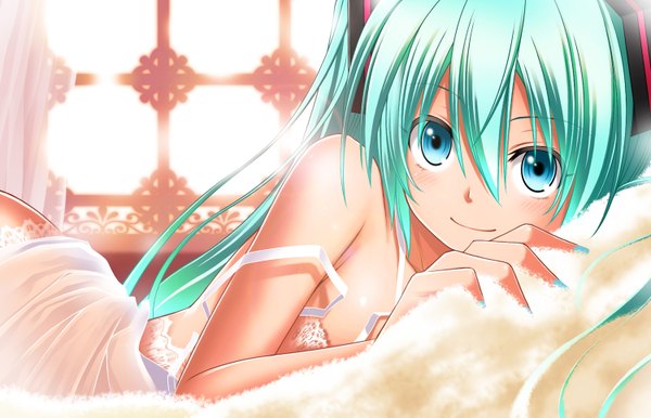 Anime picture 1500x965 with vocaloid hatsune miku kuromayu single long hair looking at viewer blush blue eyes twintails bare shoulders aqua hair girl
