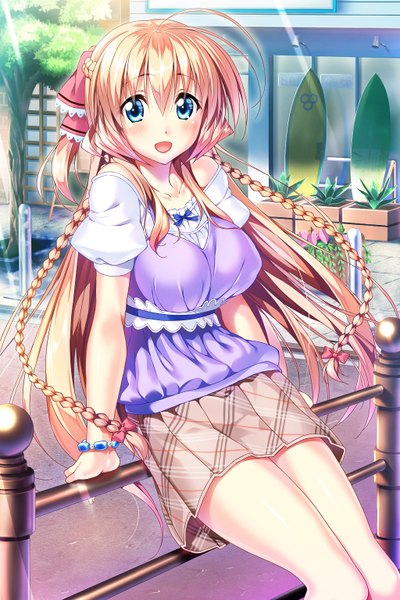 Anime picture 1024x1536 with aozora stripe kotone sawatari piromizu single long hair tall image looking at viewer blush fringe open mouth blue eyes sitting braid (braids) sunlight scan city cityscape girl skirt bow