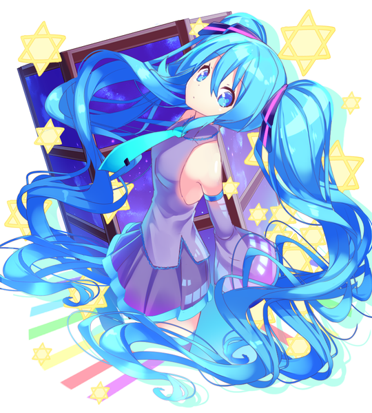Anime picture 900x1000 with vocaloid hatsune miku nyori single tall image fringe blue eyes simple background hair between eyes white background twintails bare shoulders payot blue hair looking away long sleeves very long hair head tilt pleated skirt looking back