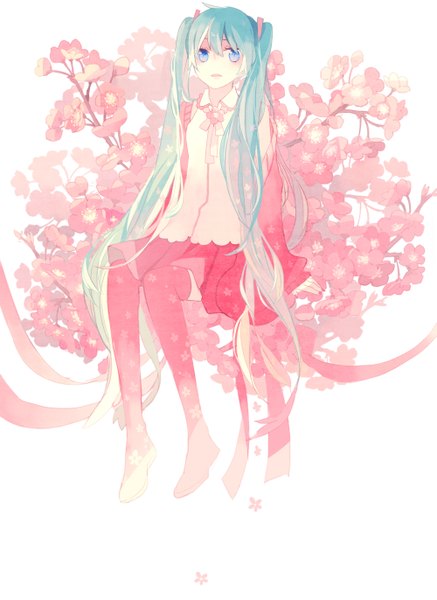 Anime picture 2000x2743 with vocaloid hatsune miku sakura miku kyang692 single long hair tall image blush highres open mouth blue eyes simple background white background sitting twintails looking away aqua hair cherry blossoms girl skirt