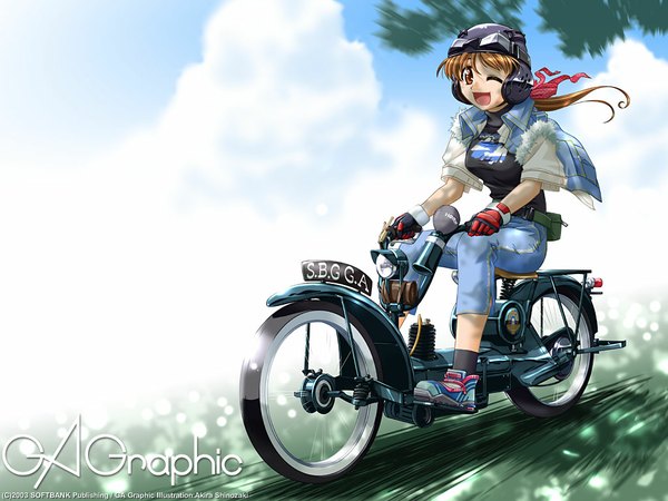 Anime picture 1024x768 with gagraphic shinozaki akira single long hair open mouth red eyes brown hair sky cloud (clouds) full body outdoors one eye closed ;d girl ground vehicle helmet motorcycle motorcycle helmet