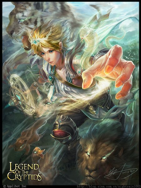 Anime picture 777x1030 with legend of the cryptids yu-han single tall image short hair blue eyes blonde hair lips boy animal clothes snake tiger lion
