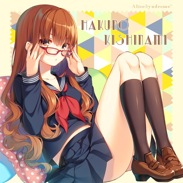 Anime picture 1034x1034 with fate (series) fate/extra fate/extra ccc kishinami hakuno (female) toosaka asagi single long hair looking at viewer fringe brown hair brown eyes full body blunt bangs inscription character names adjusting glasses eyewear removed girl skirt uniform