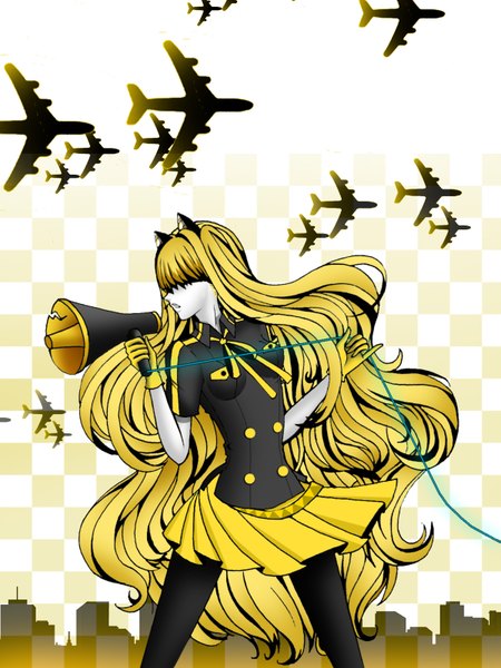 Anime picture 1200x1600 with vocaloid seeu single long hair tall image fringe highres open mouth blonde hair animal ears hair over eyes girl skirt aircraft airplane megaphone