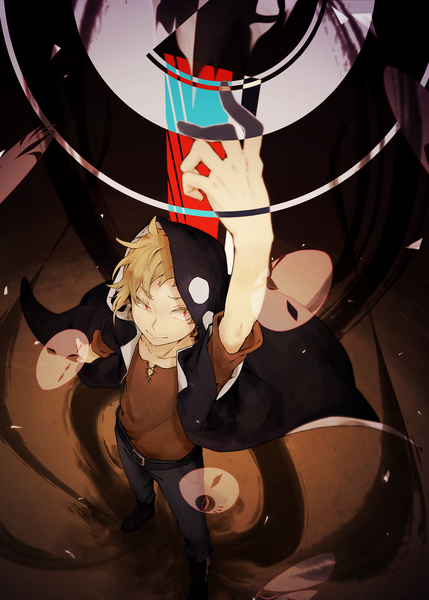 Anime picture 1296x1812 with kagerou project shaft (studio) kano shuuya nekome single tall image short hair blonde hair red eyes standing looking away ahoge arm up light smile from above wind shadow boy boots hood