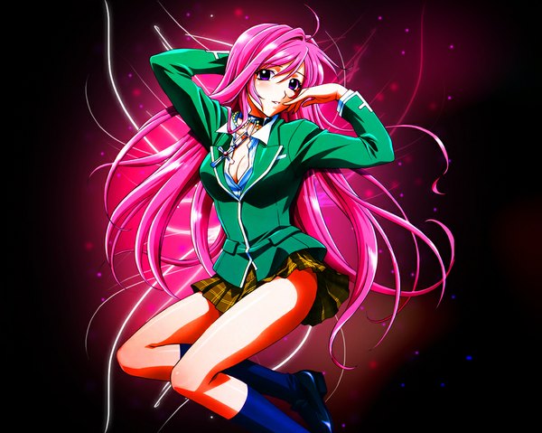 Anime picture 1024x819 with rosario+vampire akashiya moka ikeda akihisa single long hair blush breasts light erotic green eyes pink hair legs third-party edit girl skirt uniform school uniform miniskirt serafuku cross cross necklace